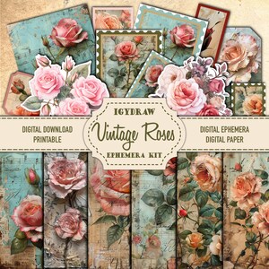 Junk Journal Kit, Ephemera Kit, 12 Pages of paper, 10 pages of Ephemera, Vintage Pink Roses Paper, A4 Digital Paper, Scrapbook Kit, IgyDraw