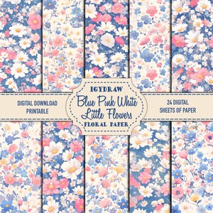 Junk-Journal Papier, Digitales Papier, 24 Seiten + 12 Doppelseiten, Blaue, Rosa und Weiße Blümchen Papier, A4 Digitales Papier, Scrapbook Papier