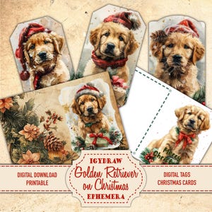 Golden Retriever a Natale, Etichette di Natale, Biglietti di Natale, 16 pagine di carta, 9 pagine doppie, 4 pagine di etichette e biglietti, Biglietto di auguri di Natale