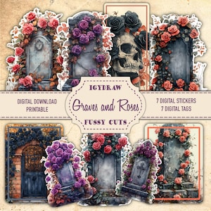 Grafstenen met rozen, kieskeurige uitsteeksels, Ephemera-kit, 8 pagina's papier, 2 pagina's kieskeurige sneden en tags, digitaal A4-papier, kit Gothic