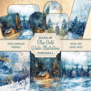 Blue & Gold Winter Illustrations, Junk Journal Paper, Digital Paper, 13 Pages, 7 Double Pages, 3 pages of Ephemera, Scrapbook Paper, IgyDraw