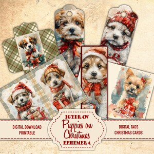 Cuccioli a Natale, Etichette di Natale, Biglietti di Natale, 16 pagine di carta, 5 pagine doppie, 3 pagine di etichette e biglietti, Biglietto di auguri di Natale