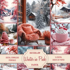 Winter in Pink Illustrations, Junk Journal Paper, Digital Paper, 16 Pages + 9 Double Pages, A4 Digital Paper, Winter Wonderland Card Making