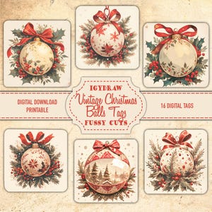 Vintage Christmas Balls Tags, Christmas Junk Journal Kit, 16 Digital Square Tags, Scrapbook Supplies, Christmas Ornaments, Christmas Journal