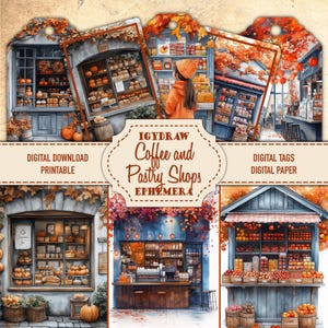 Coffee and Pastry Shop in de herfst, digitale tags, Ephemera-kit, 22 pagina's papier + 14 dubbele pagina's, 3 pagina's efemere, digitaal A4-papier