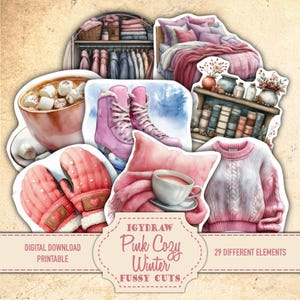 Pink Cozy Winter Fussy Cuts, Junk Journal Kit, 29 Digital Fussy Cuts, Journal Supplies, Scrapbook Supplies, IgyDraw, Junk Journal Printable