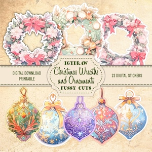 Christmas Ornament Fussy Cuts, Christmas Junk Journal Kit, 23 Digital Stickers, Journal Supplies, Scrapbook Supplies, Balls and Wreaths