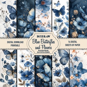 Carta per diario spazzatura, carta digitale A4, 14 pagine + 7 pagine doppie, illustrazioni ad acquerello di farfalle e fiori blu, IgyDraw, pagina di primavera