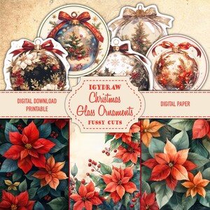 Décorations de Noël en verre, boules de Noël numériques, 8 pages de papier + 5 pages doubles + 20 découpes et étiquettes originales imprimables, papier numérique A4