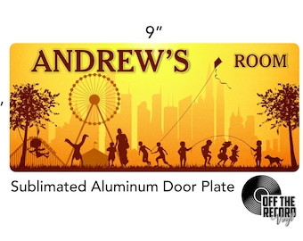 Sunset Playground Cityscape Kid/'s Room Door Plate Customized Name