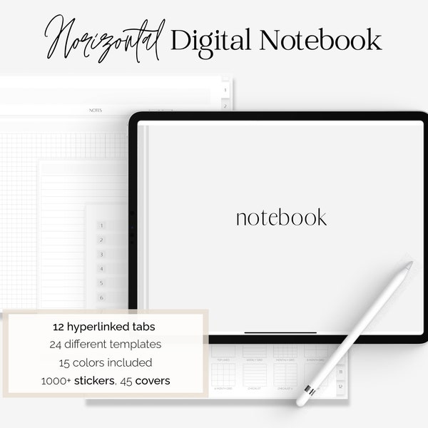 Cuaderno digital de 12 pestañas Goodnotes, cuaderno digital horizontal para estudiantes, plantilla de notas digitales, planificador de iPad