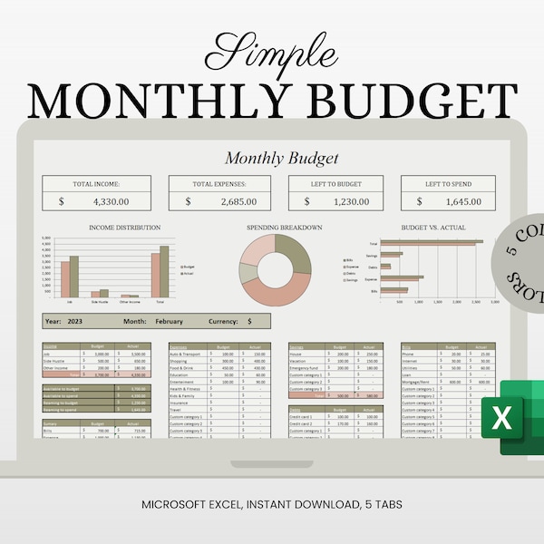 Excel-Budgetvorlage, einfaches Monatsbudget, Finanz-Tracker, Excel-Monatsbudgettabelle, Budgetplaner, Finanzplaner für Excel