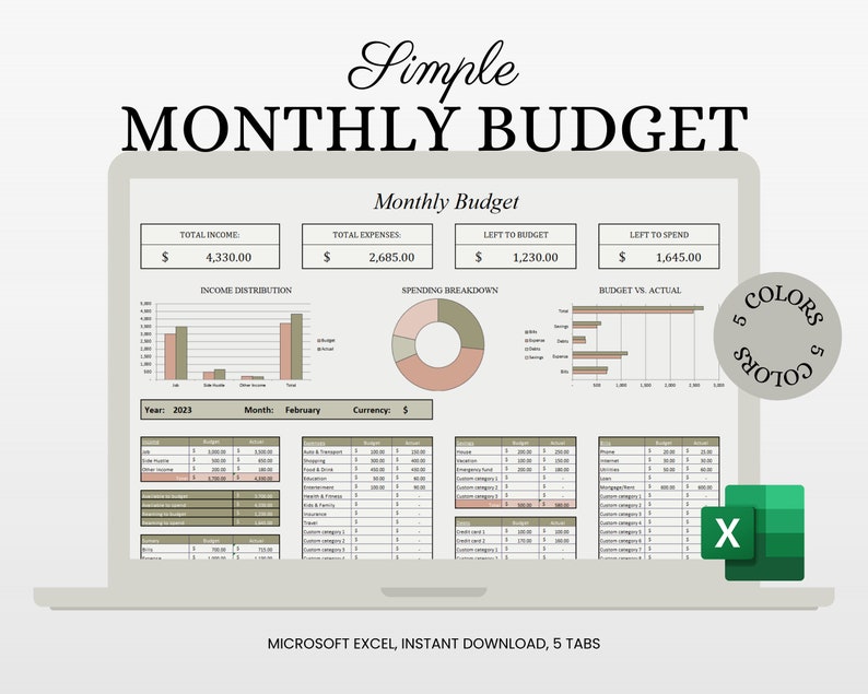 Excel-budgetsjabloon, eenvoudig maandelijks budget, financiële tracker, Excel maandelijks budgetspreadsheet, budgetplanner, financiële planner voor Excel afbeelding 1