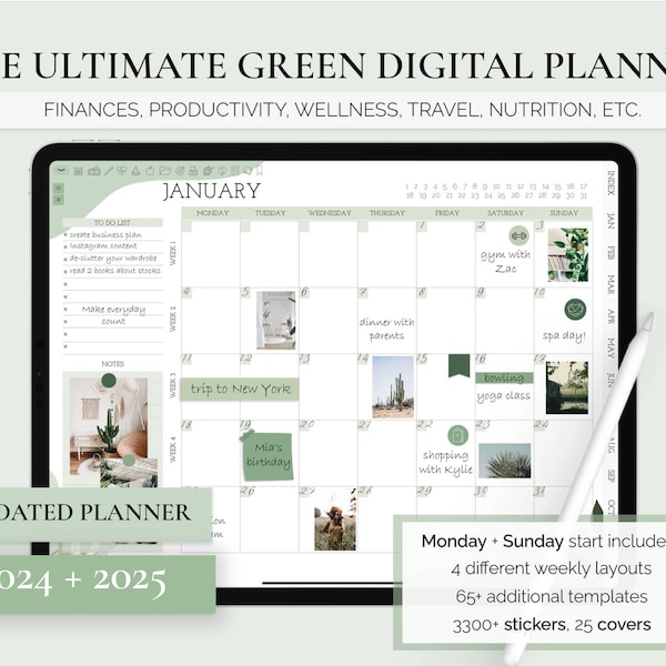 2024 2025 Green Undated Digital Planner, GoodNotes Planner, iPad Planner, Daily Planner, Notability Planner, Android Planner, Boho Planner