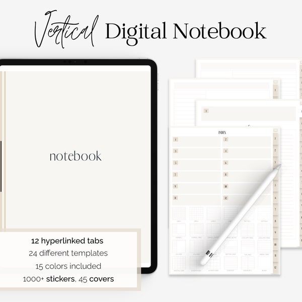 Portret digitaal notitieboekje Goodnotes, digitaal notitieboekje met 12 tabbladen voor GoodNotes en apps voor het maken van notities, sjabloon voor digitale notities