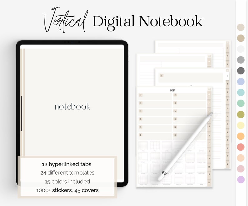 Portrait Digital Notebook Goodnotes, 12 Tab Digital Notebook for GoodNotes & Note-taking Apps, Digital Notes Template zdjęcie 1