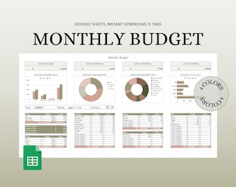 Foglio di calcolo del budget mensile, Budget mensile per Fogli Google, Modello di budget digitale, Pianificatore finanziario, Modello di Fogli Google, Gigi