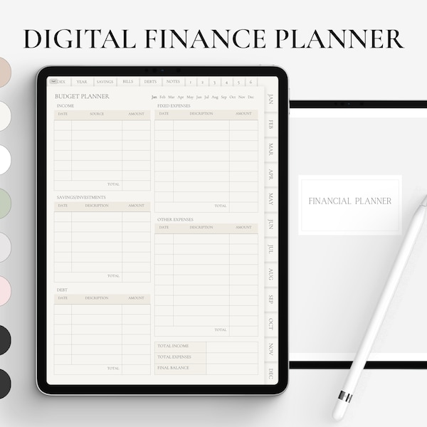 Digitale financiële planner, budgetplanner, financiële tracker, budgetsjabloon, portret financiële planner, iPad ongedateerde budgetplanner