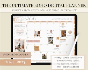 Boho Digital Planner Undated, Goodnotes Planner, 2024 2025 Undated Digital Planner, Daily Digital Planner, iPad Planner, Notability Planner