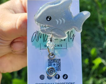 Glitter Shark Badge Holder, White Shark ID, Ocean Retractable Medical Badge