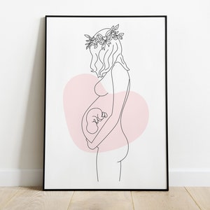Impresión de arte de línea de mujer embarazada, arte de pared de embarazo, digital