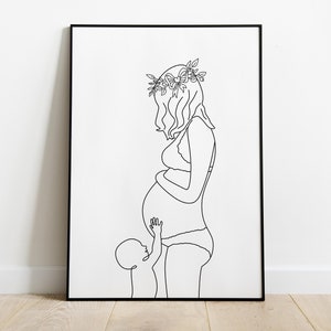 Schwangere Frau und Baby Linie Kunstdruck, zweite Schwangerschaft mit Baby, digitale Zeichnung