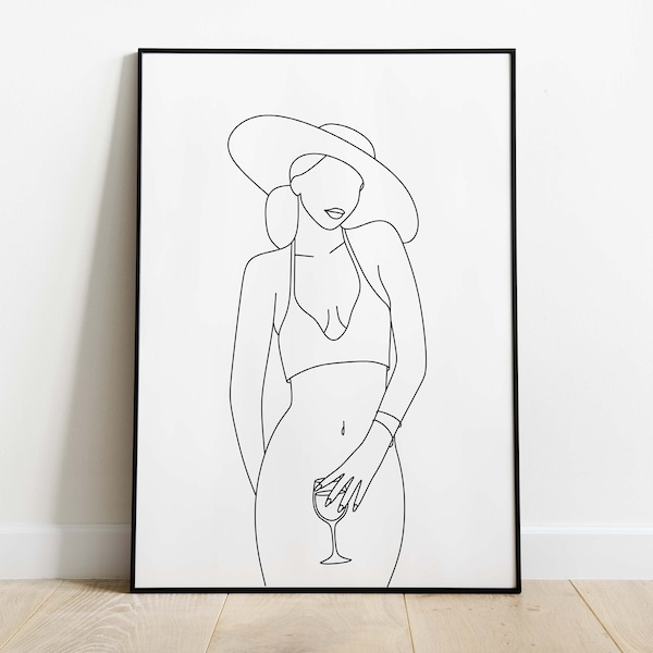 Erotic Line Art Print Nude Woman with wine glass, feminist art. Digital download