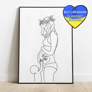 Twins Pregnant Woman and kid line art print, famille de trois enfants, futurs jumeaux grossesse Wall Art, fichiers numériques