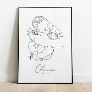 Custom Drawing from photo Baby Line Art, Custom Baby Portrait, Baby&#39;s 1st Christmas gift, 1st Birthday gift, Digital Print