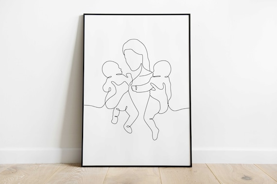 Mom and Two Babies One Line Art Print Twins Single Line | Etsy