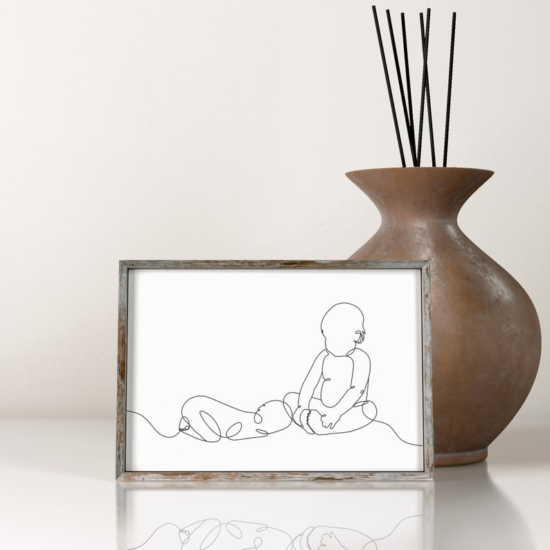 Two Babies One Line Art Print, Two Kids Single Line Drawing, Infant