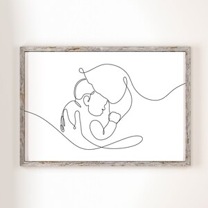 Mom and Baby One Line Art, Single Line Drawing, Mother and Child Wall ...