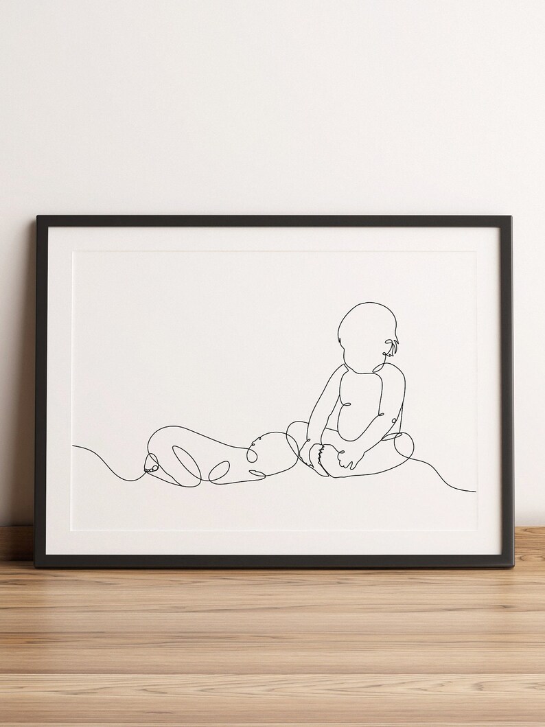 Two Babies One Line Art Print, Two Kids Single Line Drawing, Infant