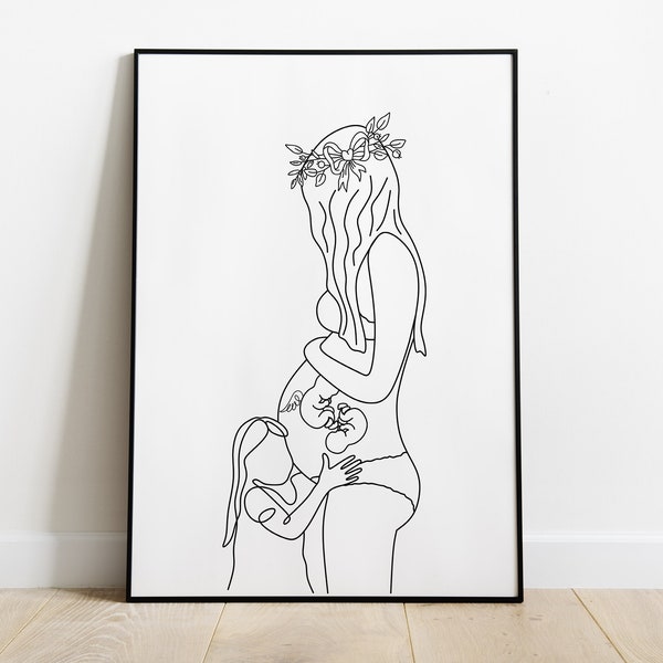 One Angel Twin Pregnant Woman and kid line art, Infant Pregnancy Loss Print, Miscarriage Memorial, Baby Loss, Keepsake Print, Digital