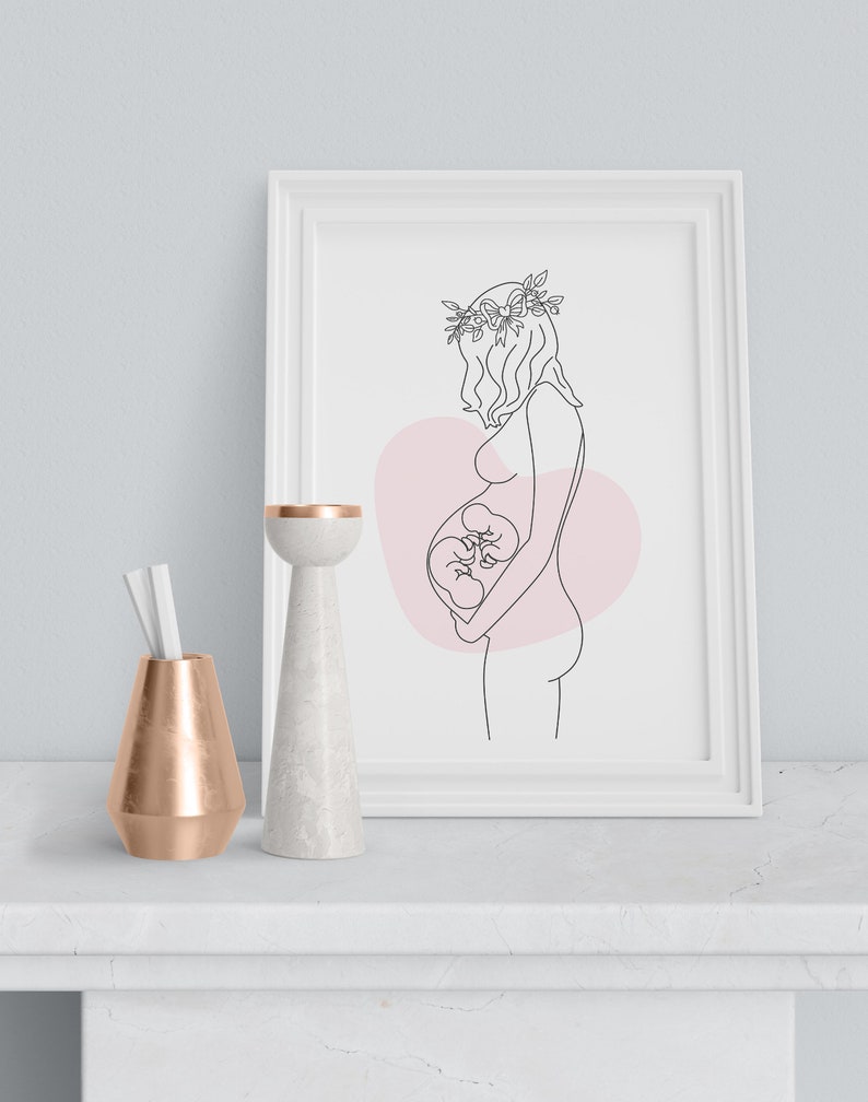 Twins Pregnant Woman line art print Pregnancy Wall Art image 4