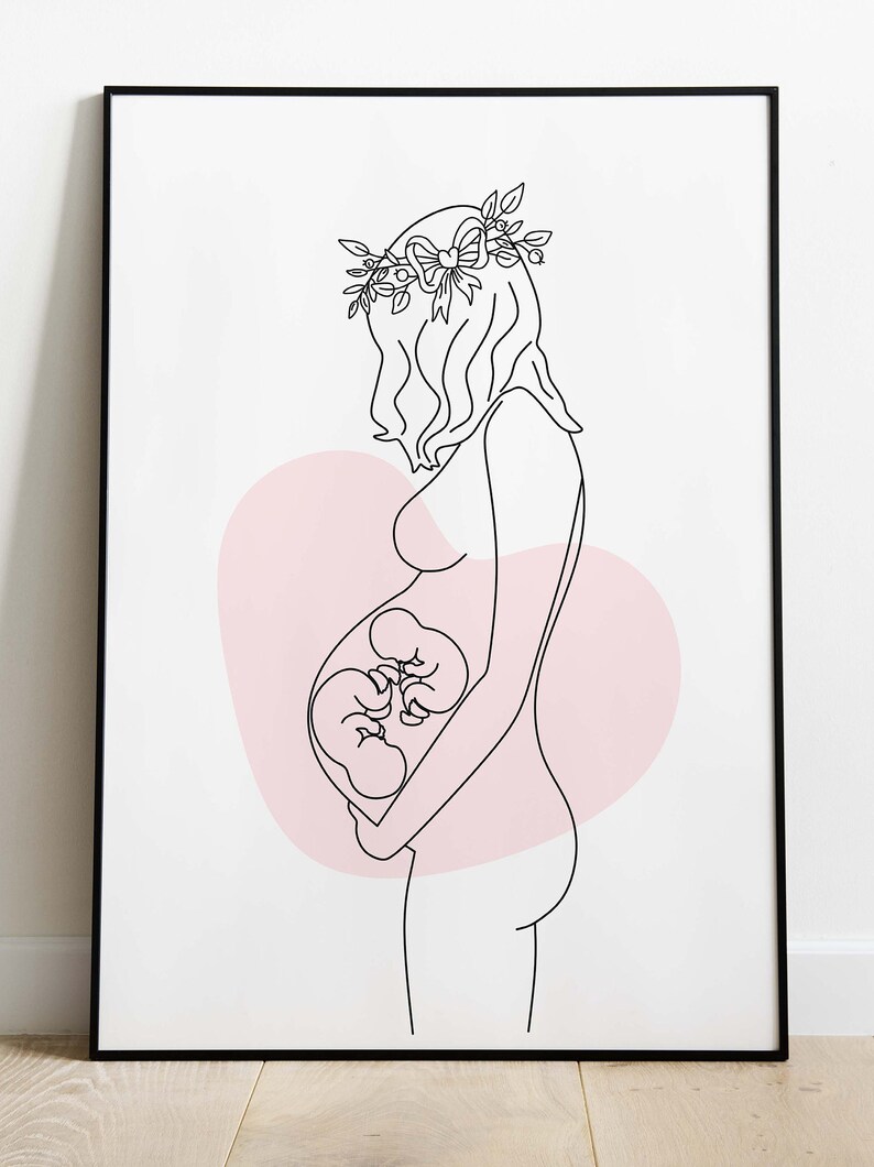 Twins Pregnant Woman line art print Pregnancy Wall Art image 2