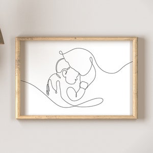 Mom and Baby One Line Art, Single Line Drawing, Mother and Child Wall ...