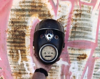 Vintage black motorcycle headlights with speedometer, Natural rust on the headlight, Steampunk decor element, Antique chrome, Soviet lamp