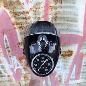 Vintage black motorcycle headlights with speedometer, Natural rust on the headlight, Steampunk decor element, Antique chrome