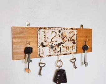 Wooden wall key holder with original number from the old Soviet tractor in retro style, wall key holder, hallway organizer, wall key holder