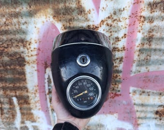Vintage headlight with speedometer and ignition key, Rare old motorcycle headlight, Natural rust on the headlight, Steampunk decoration item