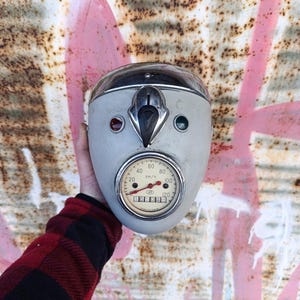 70s vintage beige headlight with speedometer and ignition lock, rare old motorcycle headlight, natural rust on the headlight, DIY lamp idea