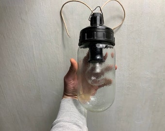 USSR industrial lamp 70s, thick embossed glass, moisture-resistant pastmass top, retro pendant lighting, industrial decor, loft-style light