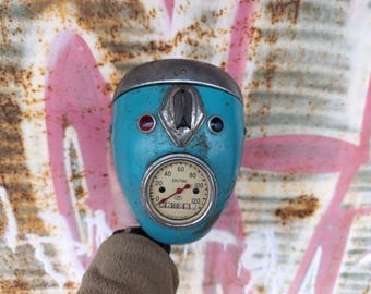 Vintage blue color headlight with speedometer, rare old motorcycle headlight, natural rust and peeling paint varnished, steampunk decoration