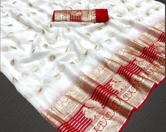 Tweekleurige viscose georgette sari met zari-weefsel | Designer feestsari met bijpassende blouse | Indiase sari voor bruiloften en feestdagen