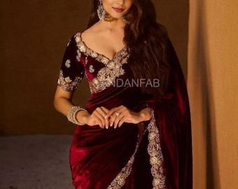 Velvet Wedding Saree, Sequence Jari Embroidery, Cutwork Border