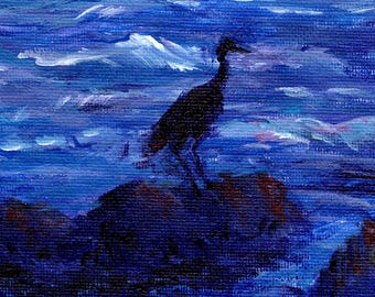 Contemplative Herron - Original Acryl Gemälde auf 15cm x 10cm Panel