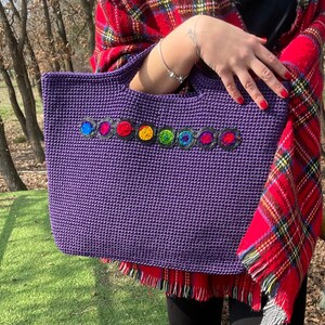 Purple Hand knitted Crochet Handbag with Embroidery Customisable Large Knitted Purse Macrame Bag for Women Purse Wrist Bag Bohemian for her