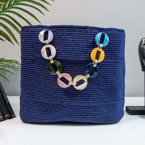 Blue Hand-knitted Crochet HandBag Purse Polyester Macrame Bag for Women boho bags hippie Women Top Handle Bags with Acrylic Handles