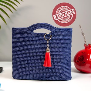 Navy Hand-knitted Crochet HandBag Knitted Purse Polyester Macrame Bag for Women boho bags hippie purse Women Top Handle Bags blue knit bag
